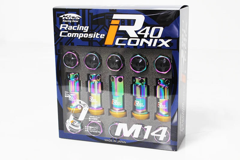 Project Kics Lug Nut & Lock Set R40 ICONIX M14 14x1.5 20PC Neo Chrome w/ Black Caps WRIA14NK