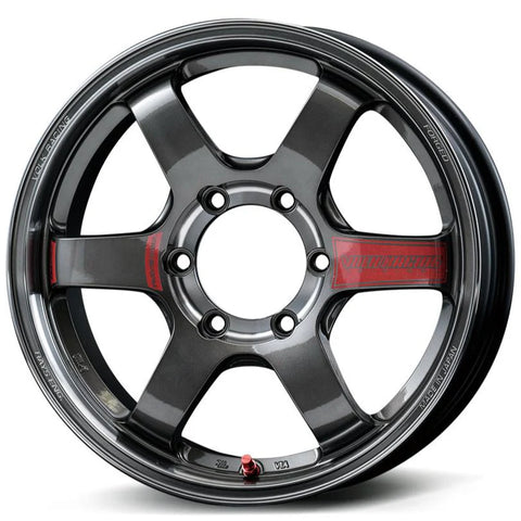 RAYS Engineering VOLK RACING forged alloy wheel in dark metallic grey with a six-spoke design accented by red VOLK RACING decals on two spokes and a distinct red valve stem made in Japan