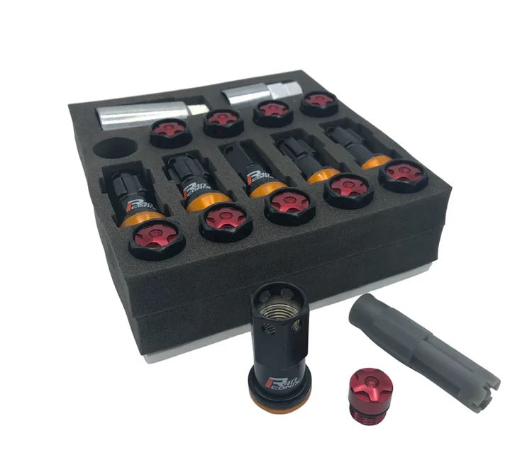 Project Kics Lug Nut & Lock Set R40 ICONIX M14 14x1.5 20PC Black w/ Red Caps WRIA14KR