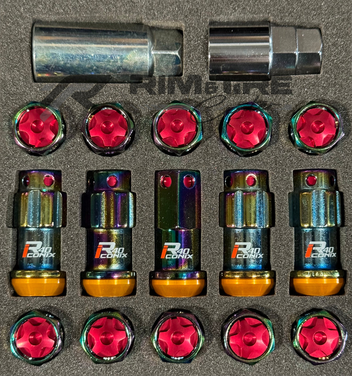 Project Kics Lug Nut & Lock Set R40 ICONIX M14 14x1.5 20PC Neo Chrome w/ Red Caps WRIA14NR