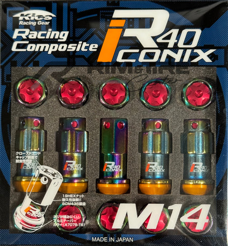 Project Kics Lug Nut & Lock Set R40 ICONIX M14 14x1.5 20PC Neo Chrome w/ Red Caps WRIA14NR