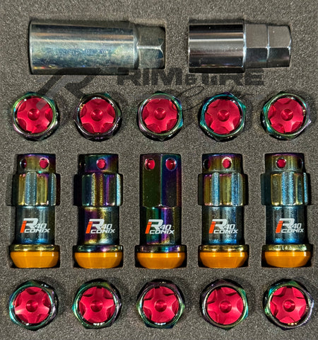 Project Kics Lug Nut & Lock Set R40 ICONIX M14 14x1.5 20PC Neo Chrome w/ Red Caps WRIA14NR